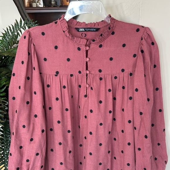ZARA Mauve Polka Dot Long Balloon Sleeve Ruffle Smock Mini Dress Drop Waist - Picture 2 of 14